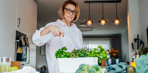 Woman watering a pot full of herb plants on kitchen counter