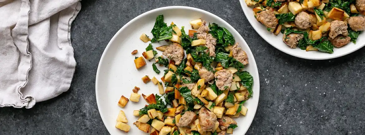 One Pan Sausage, Kale & Jicama Home Fries